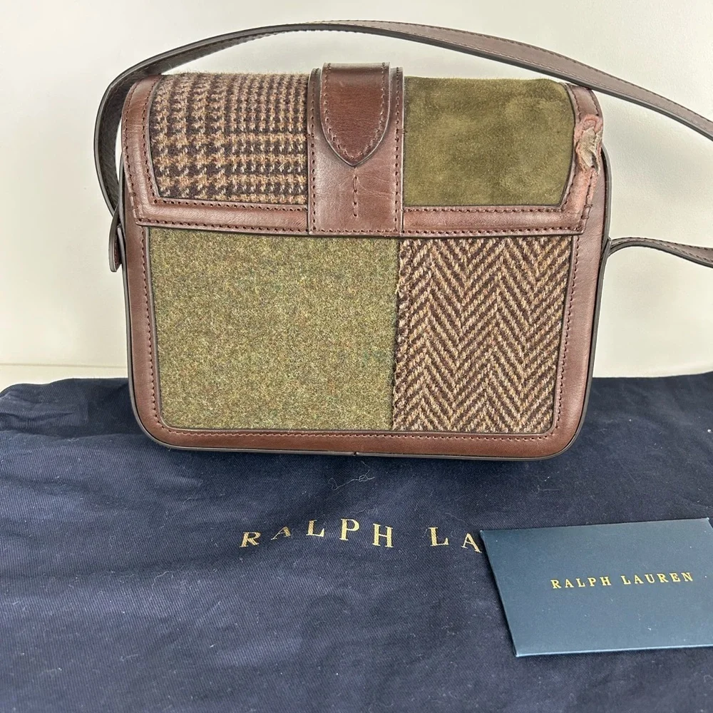 RARE POLO RALPH LAUREN WELLINGTON PATCHWORK TWEED CROSSBODY BAG PURSE BROWN - Picture 4 of 15